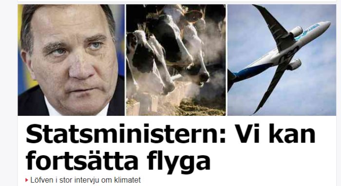 Statsminister vid mikrofon, kor som hoppar, flygplan i luften med texten "Vi kan fortsätta flyga".