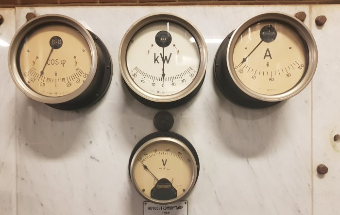 Gammal elektrisk panel med mätare för effektfaktor, kilowatt och ampere samt spänningsmätare.