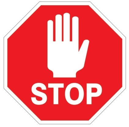 Stoppskylt med en vit hand och texten "STOP" mot röd bakgrund.