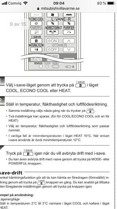 Skärmdump av instruktioner för i-save läge på fjärrkontroll till värme- och kylsystem.