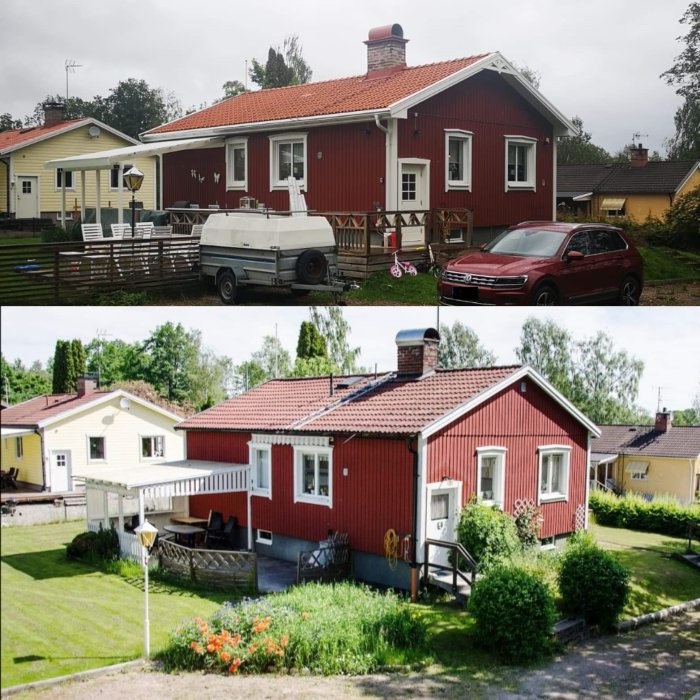 Före och efter bilder av en renoverad röd stuga med vita knutar, nya fönster och uppdaterad trädgård.