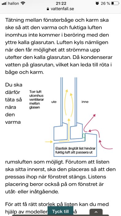 Skärmdump med text och diagram som visar hur man tätar mellan fönsterbåge och karm för att förhindra kondens.