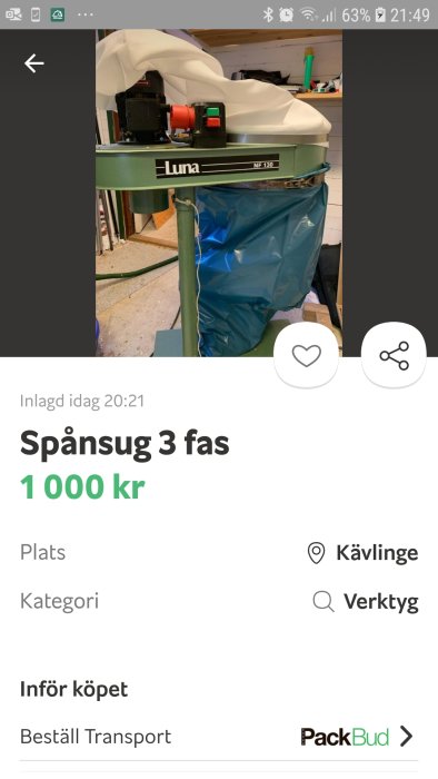 Spånsug från Luna NF 130 monterad på en behållare, säljs för 1000 kr i Kävlinge.