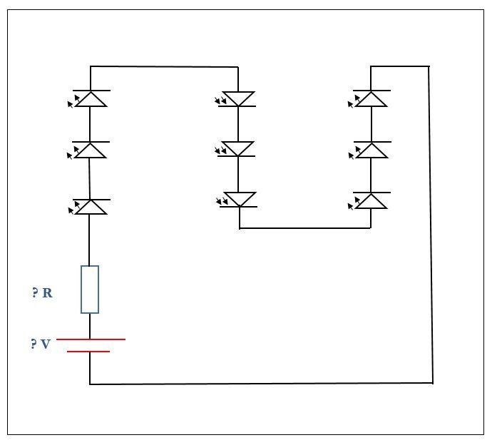 Schematisk ritning av LED-lampor anslutna i parallell och serie med markerade platser för resistor (R) och spänningskälla (V).