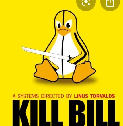 Illustration av en pingvin med ett svärd och texten "KILL BILL: A SYSTEMS DIRECTED BY LINUS TORVALDS" mot gul bakgrund.