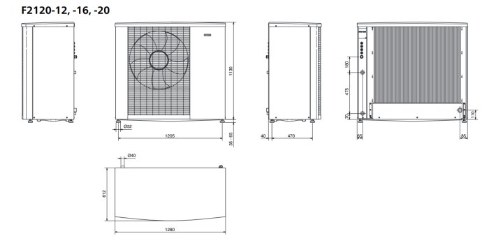 Teknisk ritning av Nibe F2120-20 kW luft/vatten värmepump med måttangivelser.