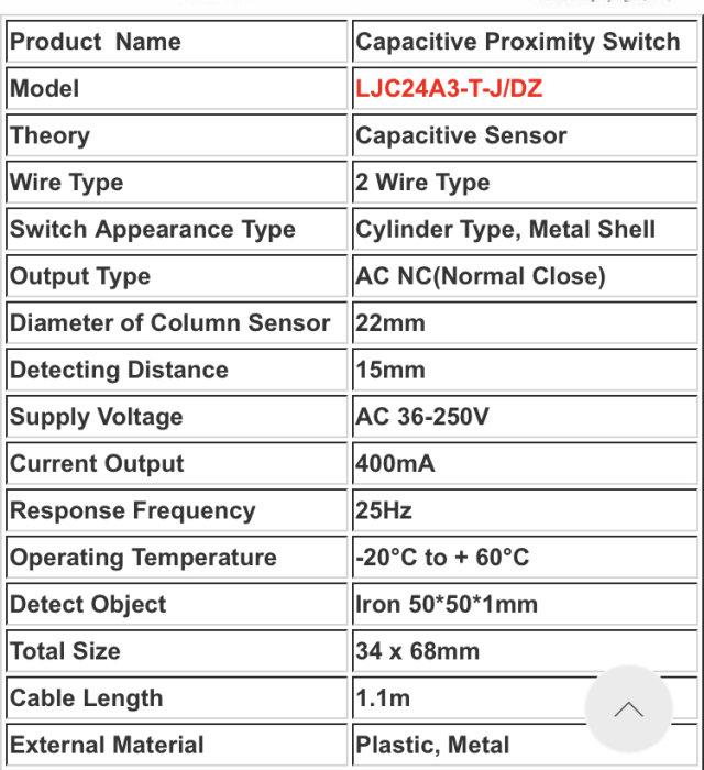 Specifikationslista för en LJZC243-T/JDZ kapacitiv närhetssensor, inklusive storlek, material och elektriska egenskaper.