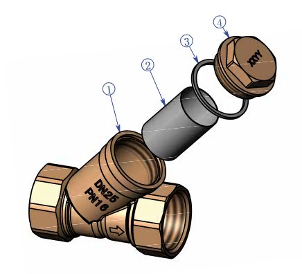 Illustration av en blandningsventil med numrerade delar: 1) kallvattenledning, 2) filterhylsa, 3) packning, 4) lock.