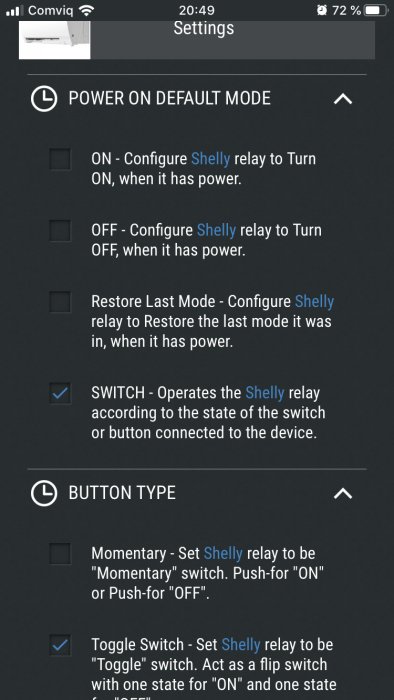 Skärmdump av inställningsmenyn för "POWER ON DEFAULT MODE" och "BUTTON TYPE" i en Shelly-reläkonfiguration.