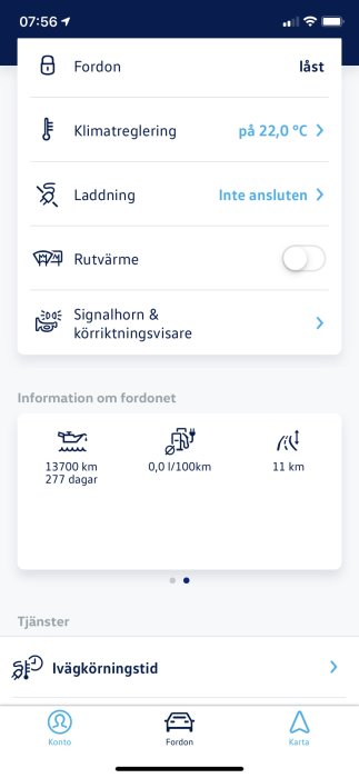 Skärmdump av användargränssnittet i en fordonshanteringapp med fordonsinställningar och statusinformation.