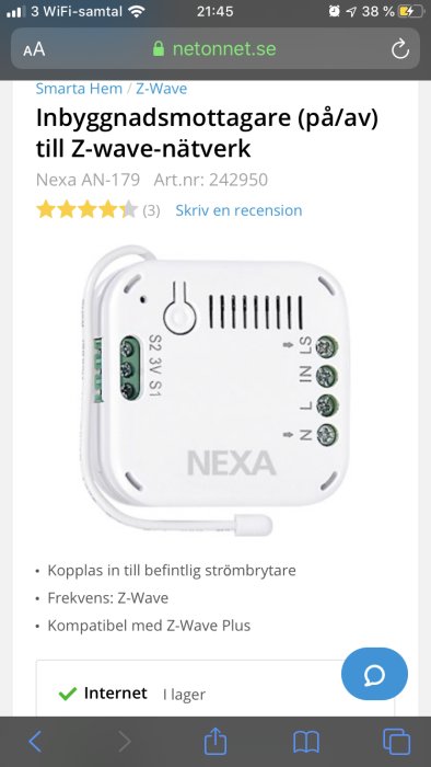 Nexa AN-179 inbyggnadsmottagare för Z-wave-nätverk, visad på en produktsida.