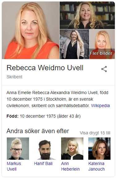 Skärmdump av sökresultat med profilbild på Rebecca Weidmo Uvell och andra relaterade sökningar.