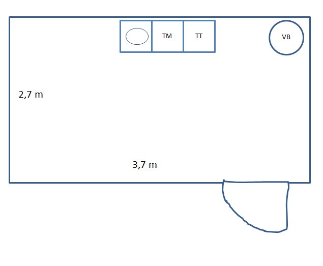 Skiss av en tvättstuga med dimensioner, tvättmaskin och torktumlare markerade, samt plats för att plugga igen golvbrunn.