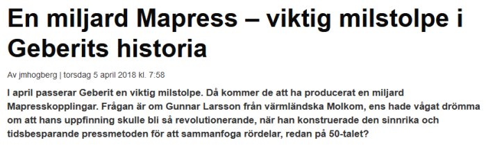 Artikelrubrik som lyder "En miljard Mapress – viktig milstolpe i Geberits historia" med detaljer om företagets milstolpe och uppfinningens ursprung.