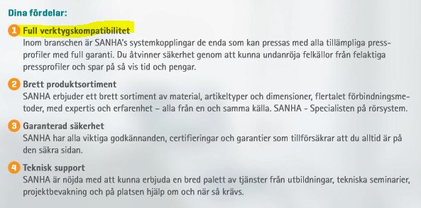 Bild på en textlista som beskriver fördelar med SANHA systemkopplingar, inkluderar verktygskompatibilitet och produktsortiment.