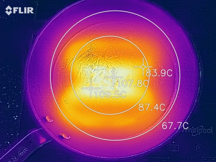 Termisk bild av gjutjärnspanna på induktionshäll som visar värmefördelning vid 200 grader Celsius.