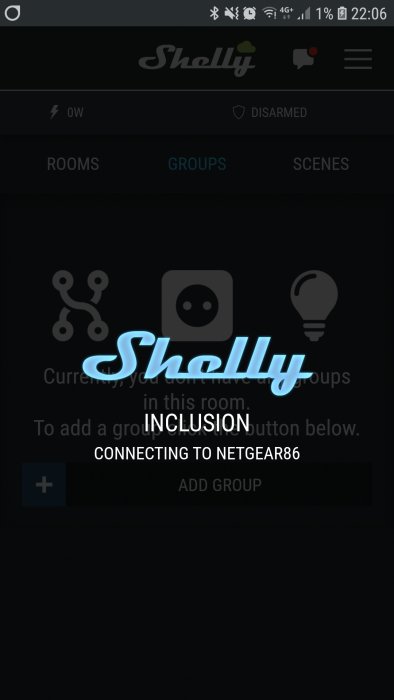 Skärmbild av en Shelly-app som visar anslutningen till nätverket "netgear86".