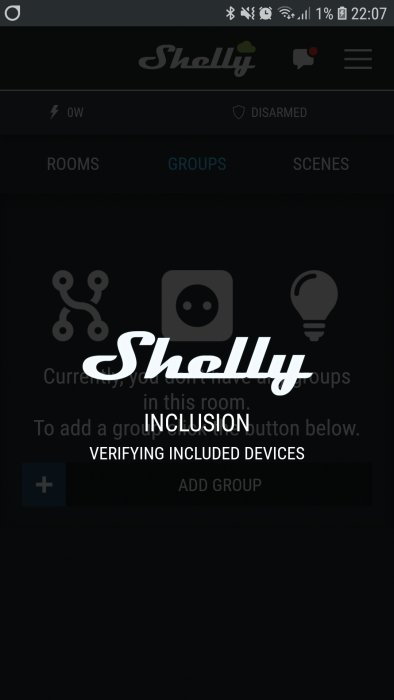 Skärmdump av Shelly-appen som visar "INCLUSION VERIFIYING INCLUDED DEVICES" med ikoner för grupp och ljus.