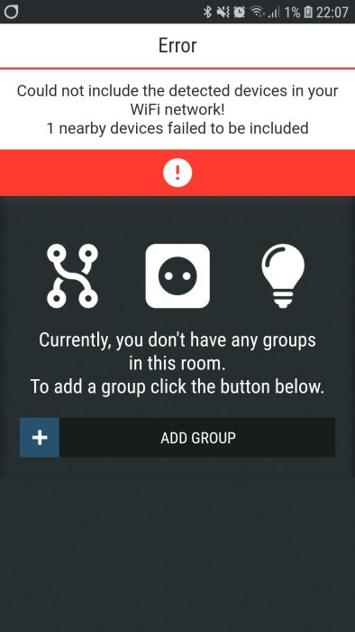 Felmeddelande på skärm som visar misslyckad inkludering av enhet i Netgear86 WiFi-nätverk med knapp för att lägga till grupp.