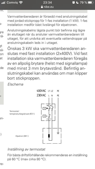 Skärmklipp av text och elscheman från en webbsida om anslutning av en varmvattenberedare för 230 och 400V.