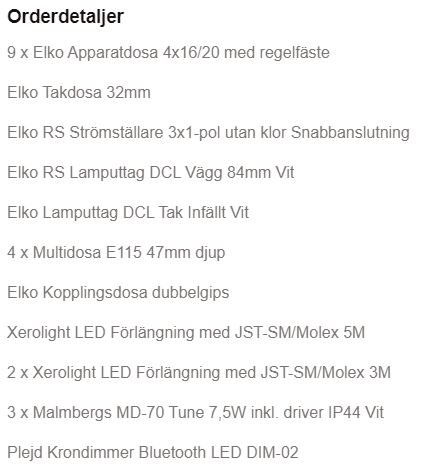 Lista över elinstallationsprodukter för ett byggprojekt, inklusive apparatdosor, takdosor och LED-förstärkning.