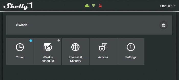Webgränssnitt för Shelly 1 smart enhet visar alternativ såsom Switch, Timer, och inställningar.