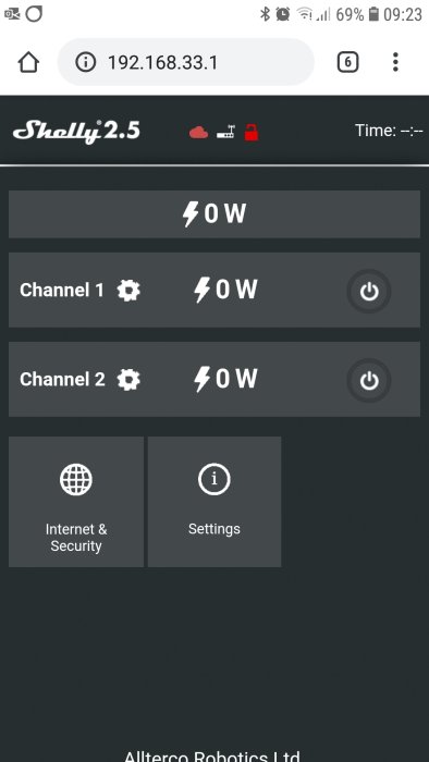 Skärmdump av gränssnittet för Shelly 2.5 med IP-adress 192.168.33.1 visandes tomma mätkanaler.