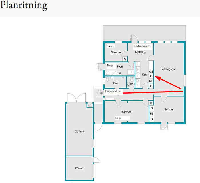 Plantekning av ett hus med markerade positioner för termostater och fläktradiatorer för värmeoptimering.