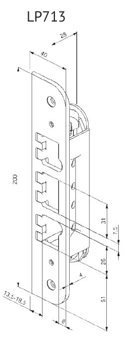 Teknisk ritning av ett justerbart slutbleck för lås, modell LP713, med måttangivelser.