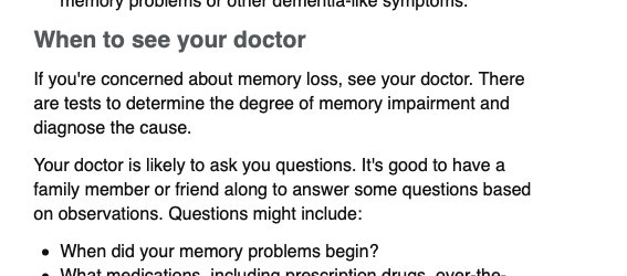 Skärmdump från Mayo Clinic website med rubriken "When to see your doctor" som ger råd om när man ska söka läkare för minnesförlust.