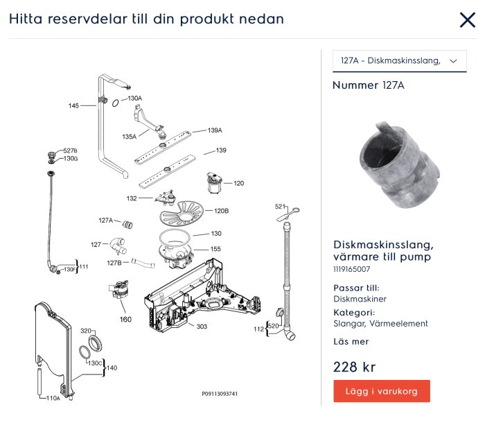 Exploded-view-ritning av diskmaskinsdelar med markerad diskmaskinsslang och prisinformation.