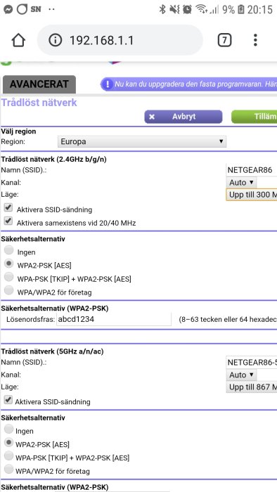 Skärmupptagning av routerinställningar visar WiFi-nätverksalternativ och säkerhetsinställningar.