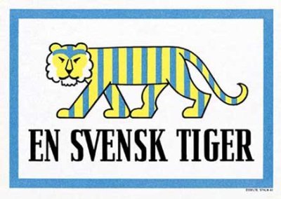 Illustration av en blågul randig tiger med texten "EN SVENSK TIGER" under.