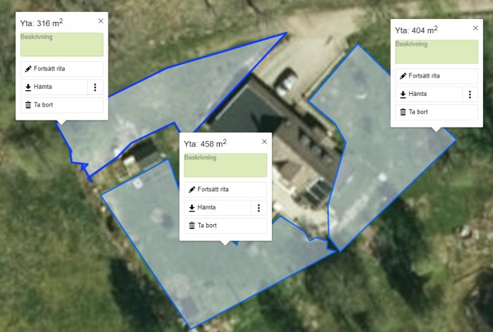 Satellitbild av en fastighet med markerade gräsytor i olika storlekar och anteckningar om yta.
