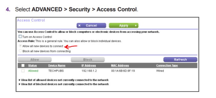 Skärmdump av nätverksinställningar med Access Control alternativ för att tillåta nya enheter att ansluta.