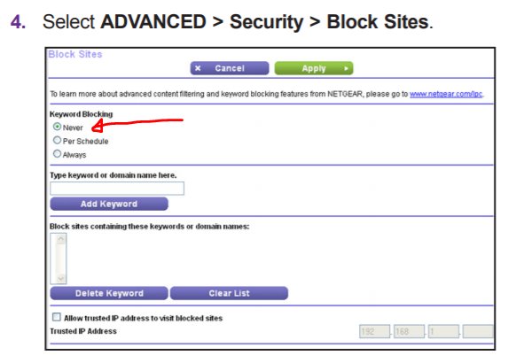 Inställningsmeny för blockering av webbplatser på en router med markerat alternativ för "Keyword Blocking".