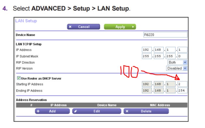 Skärmdump av LAN-inställningar i en router med markerad DHCP-startadress 192.168.1.2 och ändring till .100.