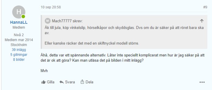 Skärmdump från ett forum där en medlem vid namn HannaLL diskuterar byggprojekt och ställer en fråga.