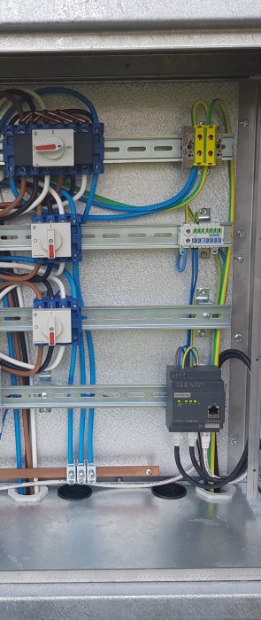 Elektriskt skåp med säkringar och mätutrustning för solcellsanläggning, inklusive Siemens nätverksadapter.