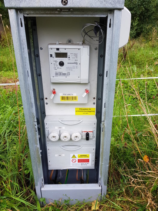 Elkopplingslåda utomhus med energimätare och säkringar, skyltat för produktionsanläggning mot grön bakgrund.