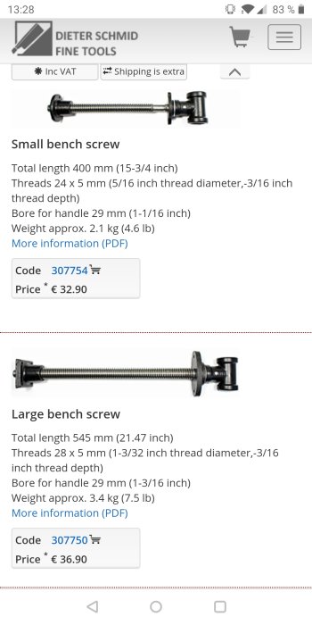 Skärmdump visar små och stora bänkskruvar från Dieter Schmid Fine Tools med specifikationer och priser.