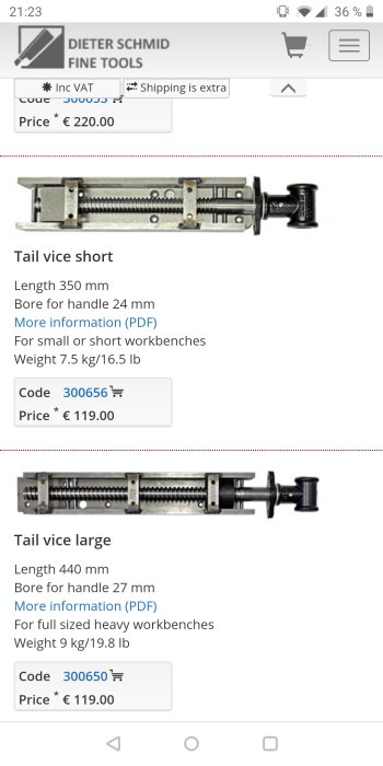 Två svansstycken för arbetsbänkar, ett kort och ett långt, visade i en webbutikssida.