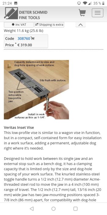 Installation av en Veritas Inset Vise i en arbetsyta, visar justering med reglerbar spak och tvingens käftar.