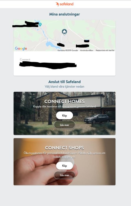 Användargränssnitt för Safeland med karta och alternativ för "Connect Homes" och "Connect Shops".