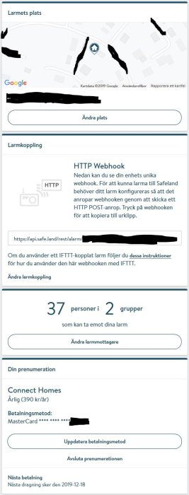 Skärmdump av Safeland-konto visande kartposition för larm, HTTP Webhook URL och antal larmmottagare.