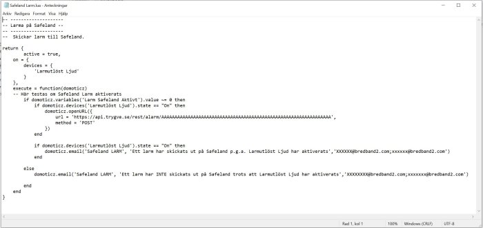 Skärmdump av kod i textredigerare relaterad till Safeland larmsystem med API-uppsättning och e-postinstruktioner.