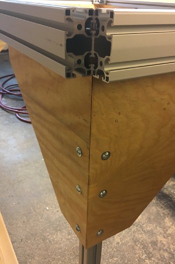 Detalj av en hemmagjord arbetsbänk med I-typ aluminiumprofiler och plywood hörn förstärkt med skruvar.