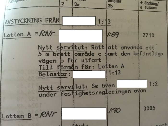 Dokumentutdrag med text om servitut för väg, markerar lott A och grässtigen C med beskrivning av servitutsrättigheter.