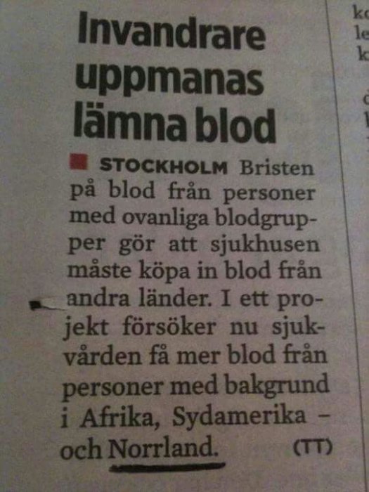 Utdrag ur tidningsartikel med rubriken "Invandrare uppmanas lämna blod" som rör blodbrist och ett projekt för ökad bloddonation.