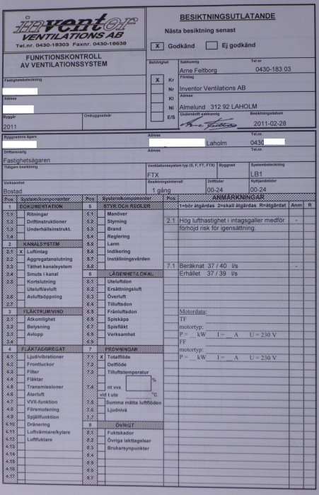 Protokoll för funktionskontroll av ventilationssystem från 2011 med resultat och kommentarer.